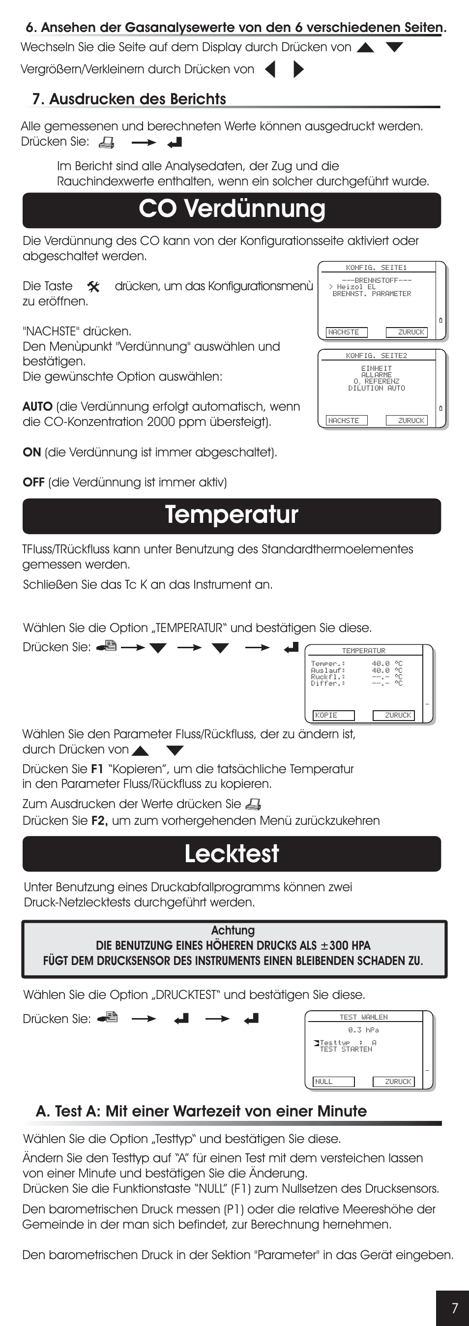 Lecktest temperatur, Co verdünnung, Ausdrucken des berichts | A. test a: mit einer wartezeit von einer minute | RIDGID FG-100 User Manual | Page 45 / 95