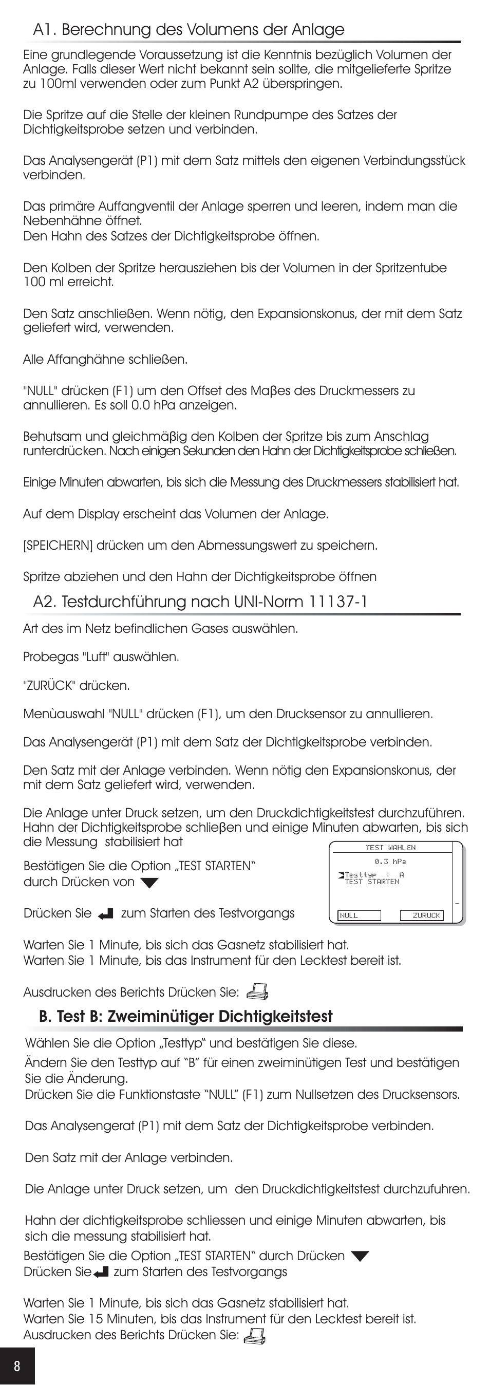 A1. berechnung des volumens der anlage, B. test b: zweiminütiger dichtigkeitstest | RIDGID FG-100 User Manual | Page 46 / 95