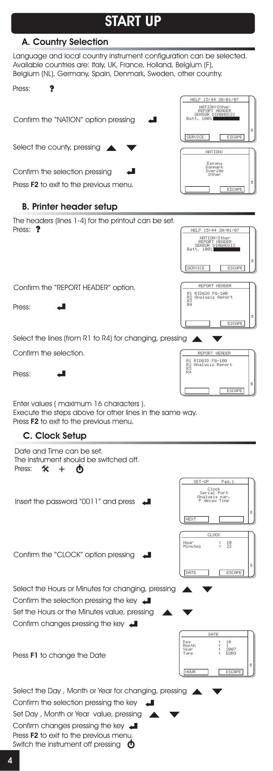 Start up, B. printer header setup c. clock setup, A. country selection | RIDGID FG-100 User Manual | Page 5 / 95