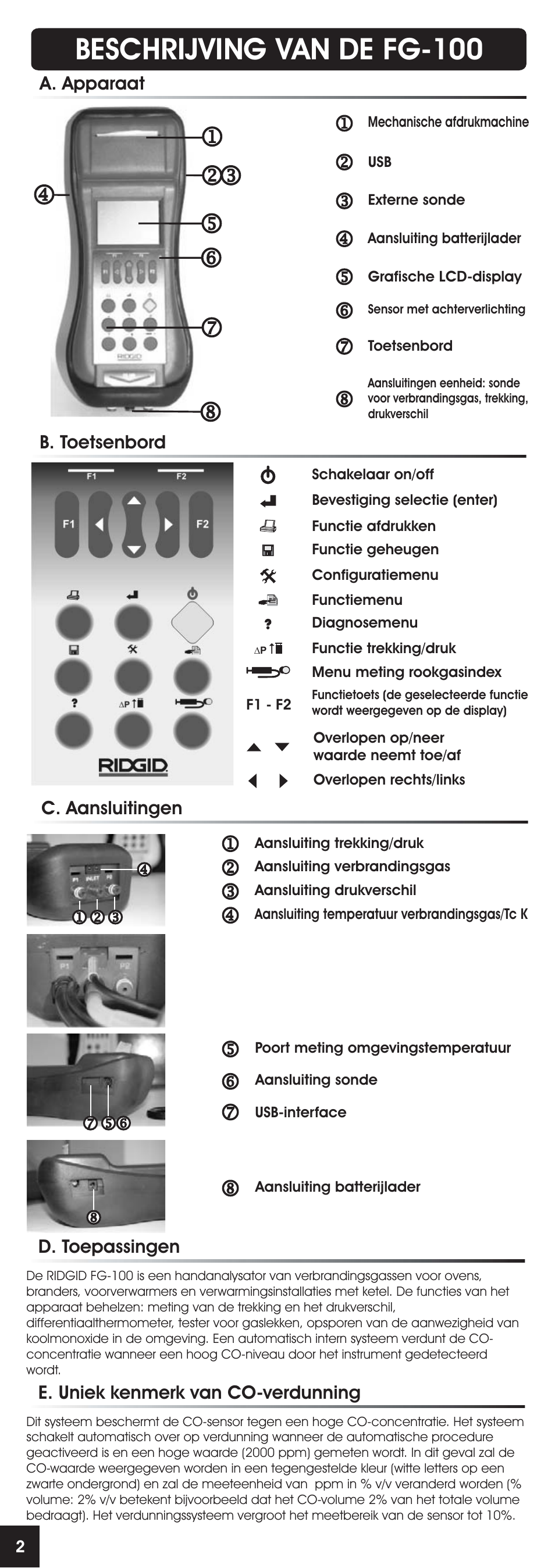 Beschrijving van de fg-100, A. apparaat b. toetsenbord c. aansluitingen, D. toepassingen | E. uniek kenmerk van co-verdunning | RIDGID FG-100 User Manual | Page 50 / 95