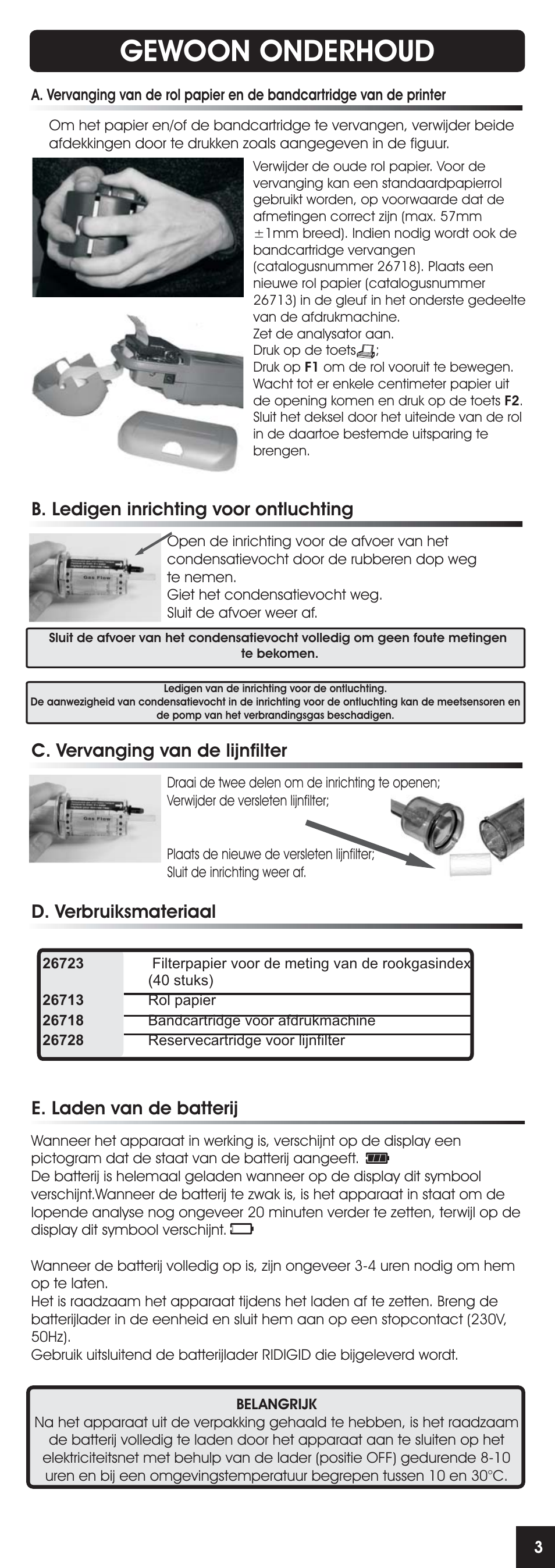 Gewoon onderhoud, C. vervanging van de lijnfilter, D. verbruiksmateriaal | B. ledigen inrichting voor ontluchting, E. laden van de batterij | RIDGID FG-100 User Manual | Page 51 / 95