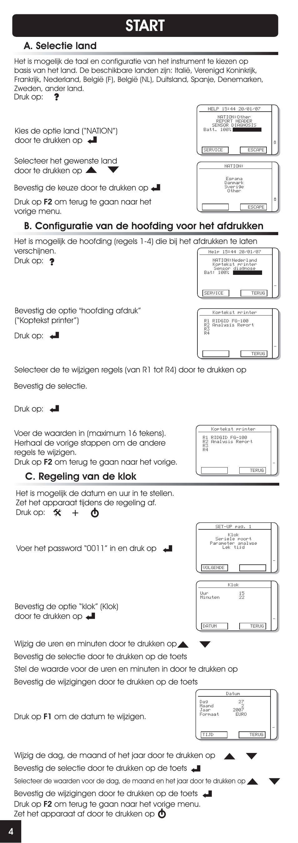 Start, A. selectie land, Druk op | RIDGID FG-100 User Manual | Page 52 / 95