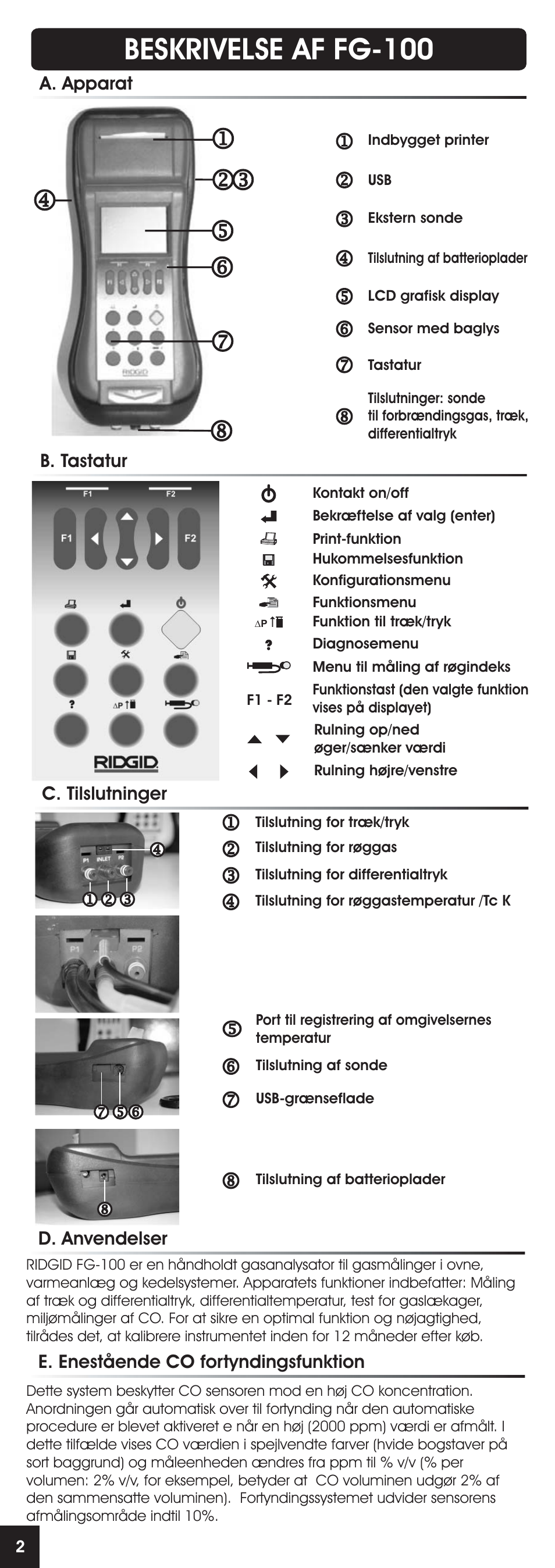 Beskrivelse af fg-100, A. apparat b. tastatur c. tilslutninger, D. anvendelser | E. enestående co fortyndingsfunktion | RIDGID FG-100 User Manual | Page 59 / 95