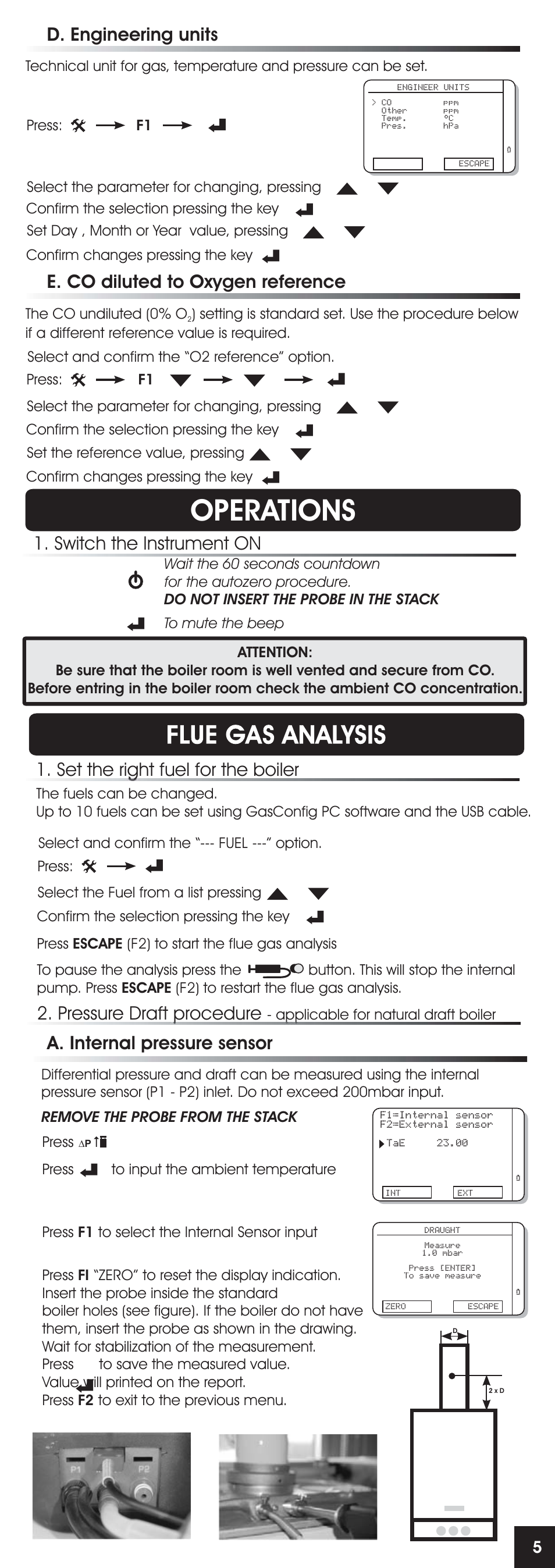 Operations, E. co diluted to oxygen reference, Switch the instrument on | D. engineering units, Set the right fuel for the boiler, Pressure draft procedure, A. internal pressure sensor | RIDGID FG-100 User Manual | Page 6 / 95