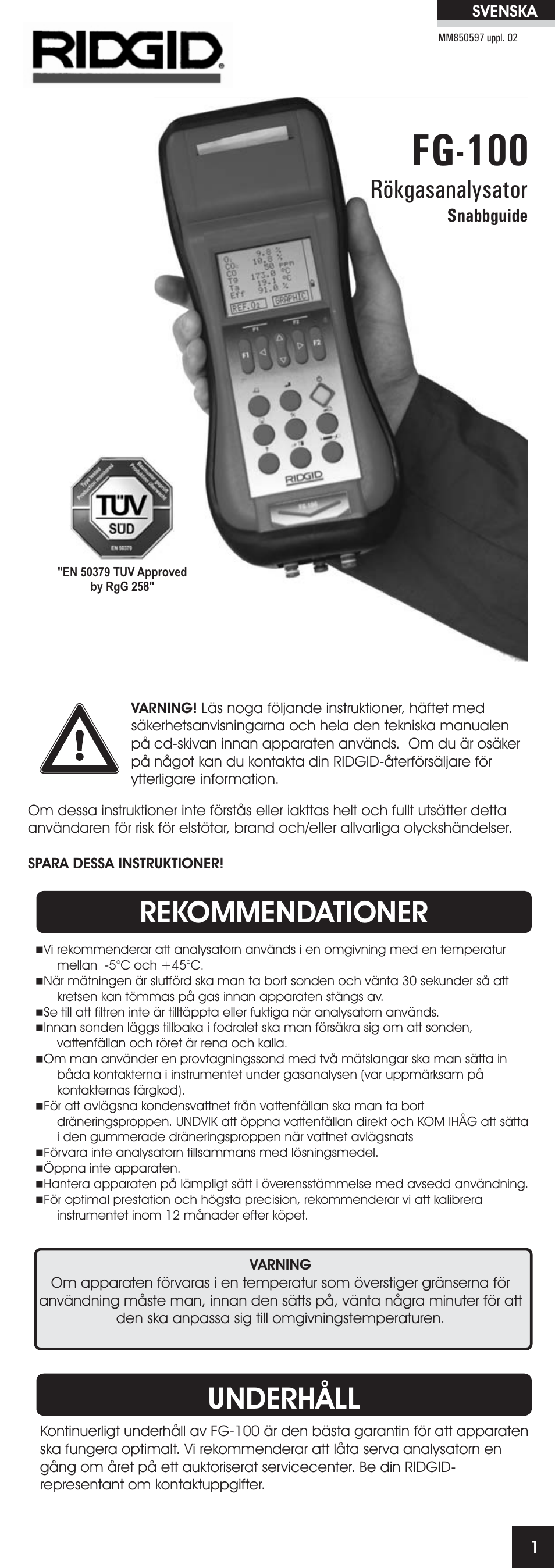 Fg-100, Rekommendationer, Underhåll | Rökgasanalysator, Snabbguide | RIDGID FG-100 User Manual | Page 67 / 95