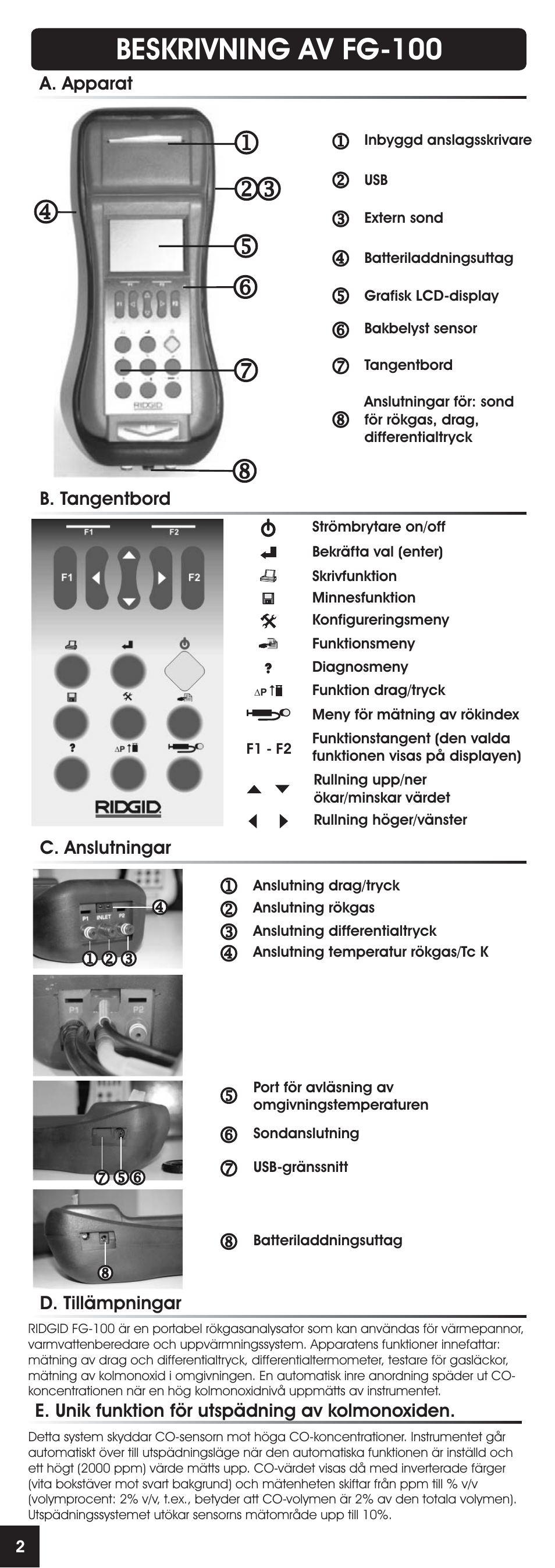 Beskrivning av fg-100, A. apparat b. tangentbord c. anslutningar, D. tillämpningar | E. unik funktion för utspädning av kolmonoxiden | RIDGID FG-100 User Manual | Page 68 / 95