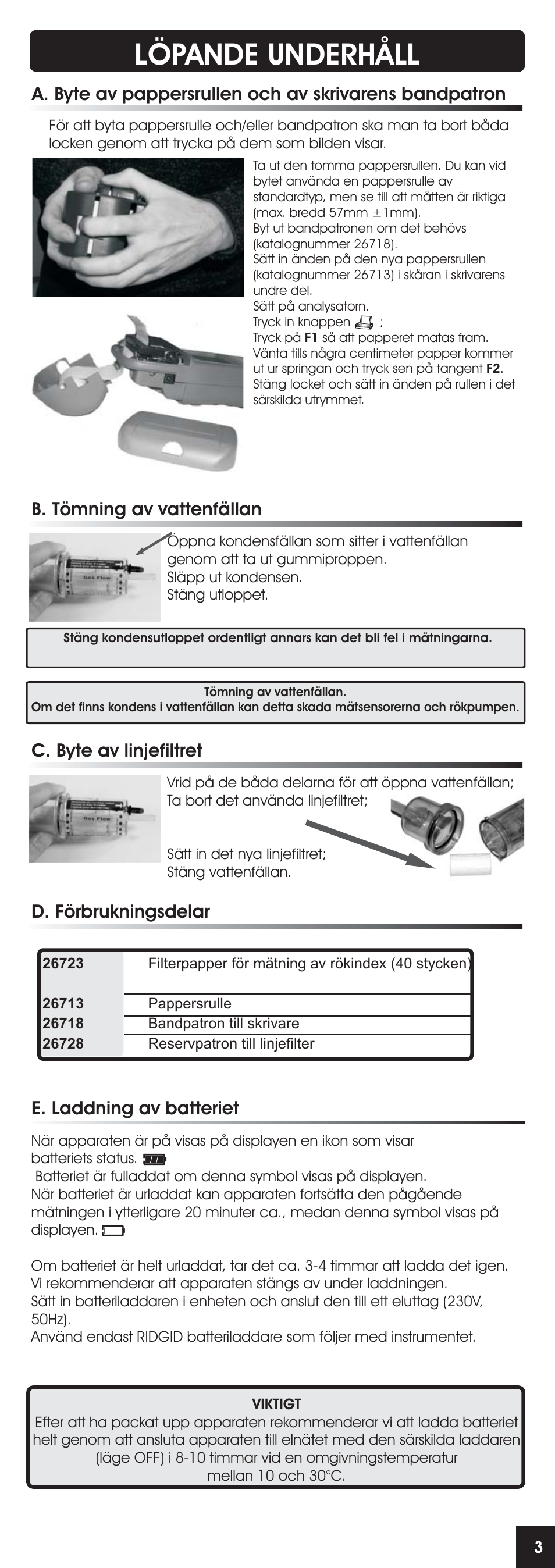 Löpande underhåll, C. byte av linjefiltret, D. förbrukningsdelar | B. tömning av vattenfällan, E. laddning av batteriet | RIDGID FG-100 User Manual | Page 69 / 95