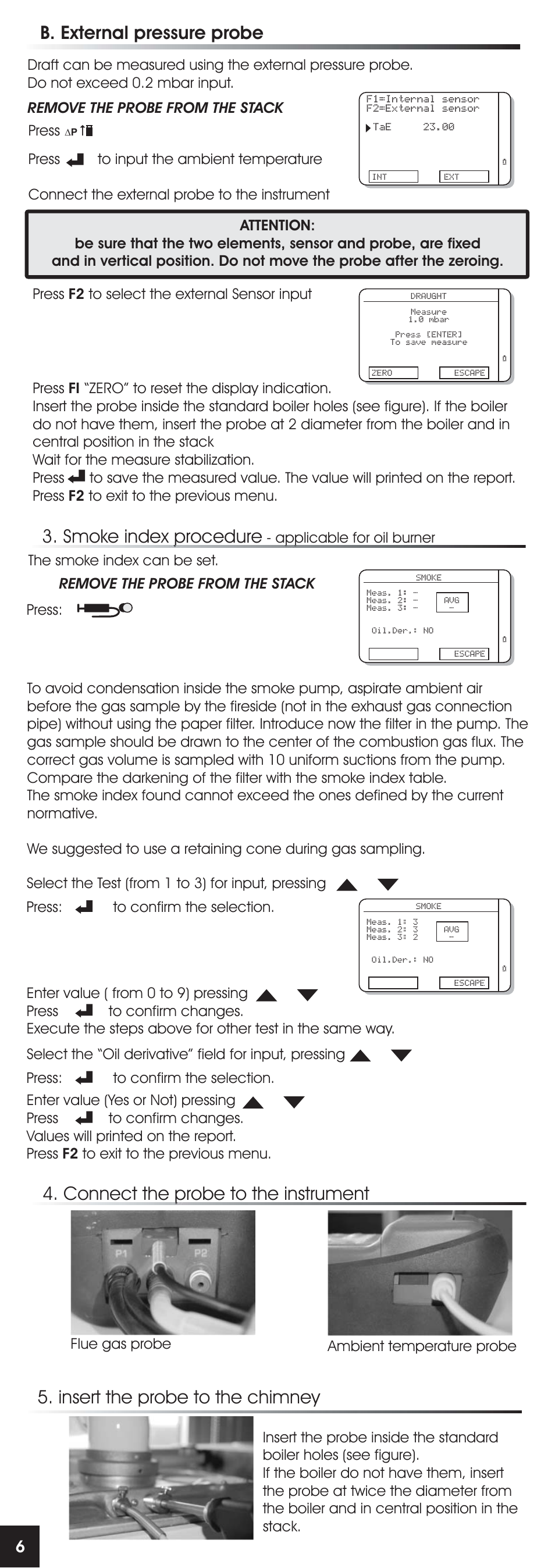 Smoke index procedure, B. external pressure probe, Connect the probe to the instrument | Insert the probe to the chimney, Press, Ambient temperature probe flue gas probe | RIDGID FG-100 User Manual | Page 7 / 95
