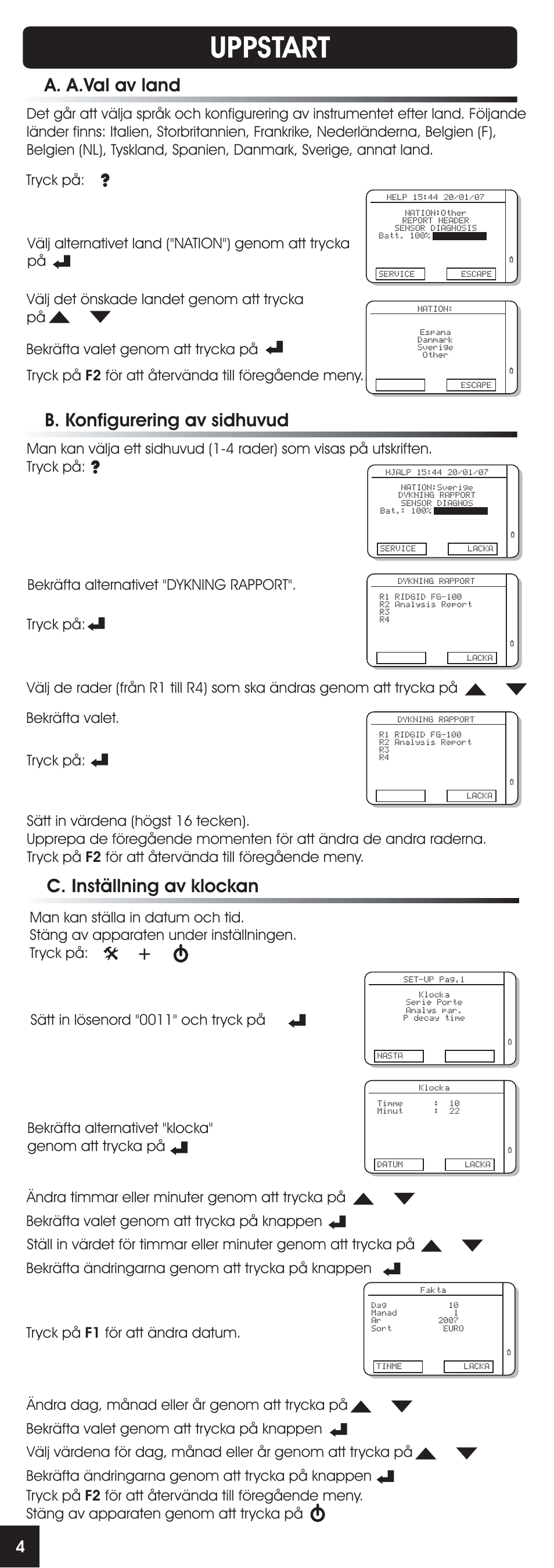 Uppstart, A. a.val av land | RIDGID FG-100 User Manual | Page 70 / 95