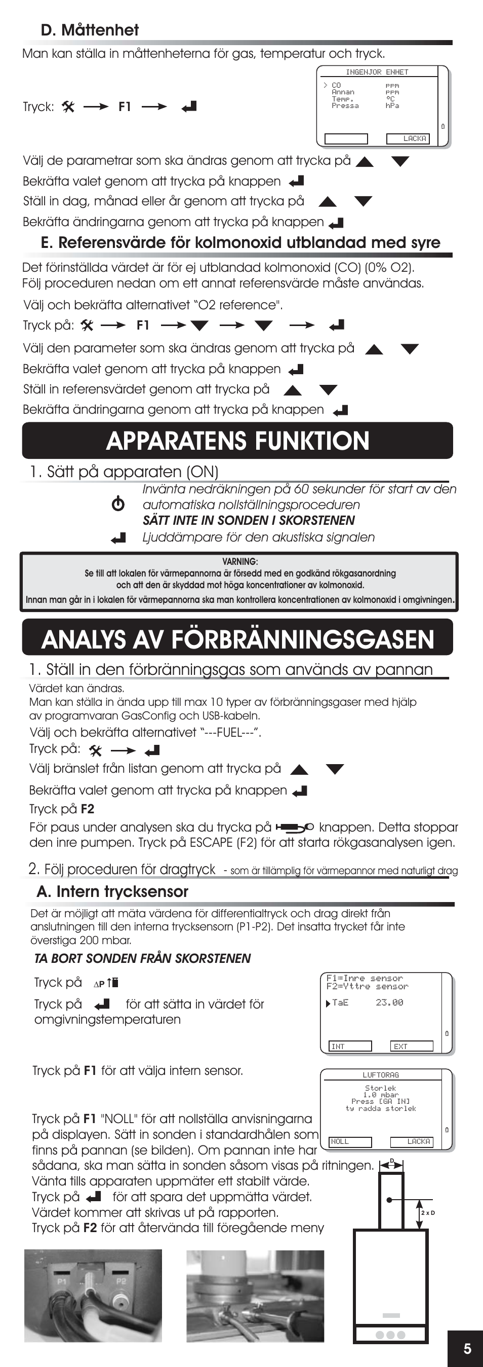 Apparatens funktion, Analys av förbränningsgasen, E. referensvärde för kolmonoxid utblandad med syre | Sätt på apparaten (on), D. måttenhet, A. intern trycksensor, Följ proceduren för dragtryck | RIDGID FG-100 User Manual | Page 71 / 95