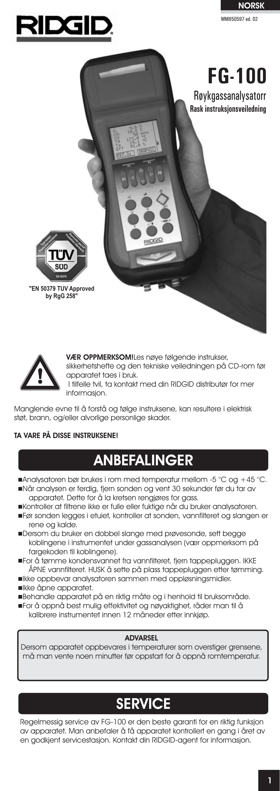 Fg-100, Anbefalinger, Service | Røykgassanalysatorr | RIDGID FG-100 User Manual | Page 76 / 95