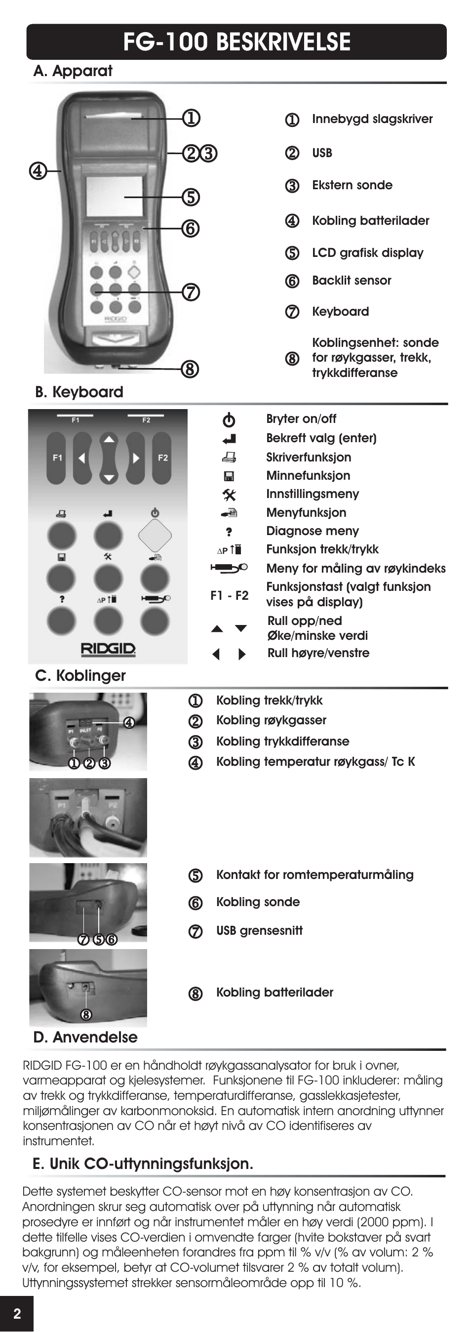 Fg-100 beskrivelse, A. apparat b. keyboard c. koblinger, D. anvendelse | E. unik co-uttynningsfunksjon | RIDGID FG-100 User Manual | Page 77 / 95