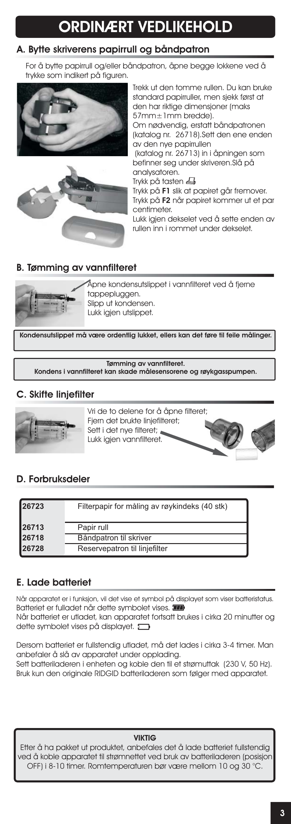 Ordinært vedlikehold, A. bytte skriverens papirrull og båndpatron, C. skifte linjefilter | D. forbruksdeler, B. tømming av vannfilteret, E. lade batteriet | RIDGID FG-100 User Manual | Page 78 / 95