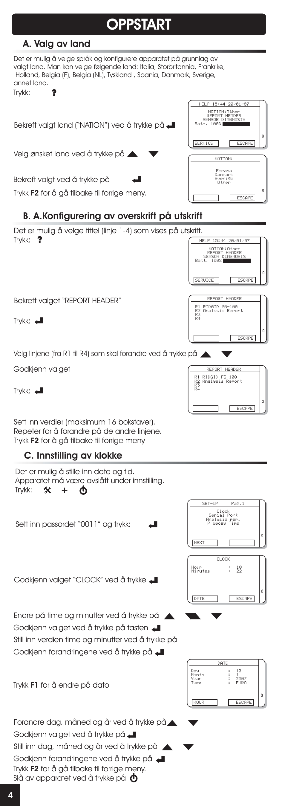 Oppstart, A. valg av land, Trykk | RIDGID FG-100 User Manual | Page 79 / 95