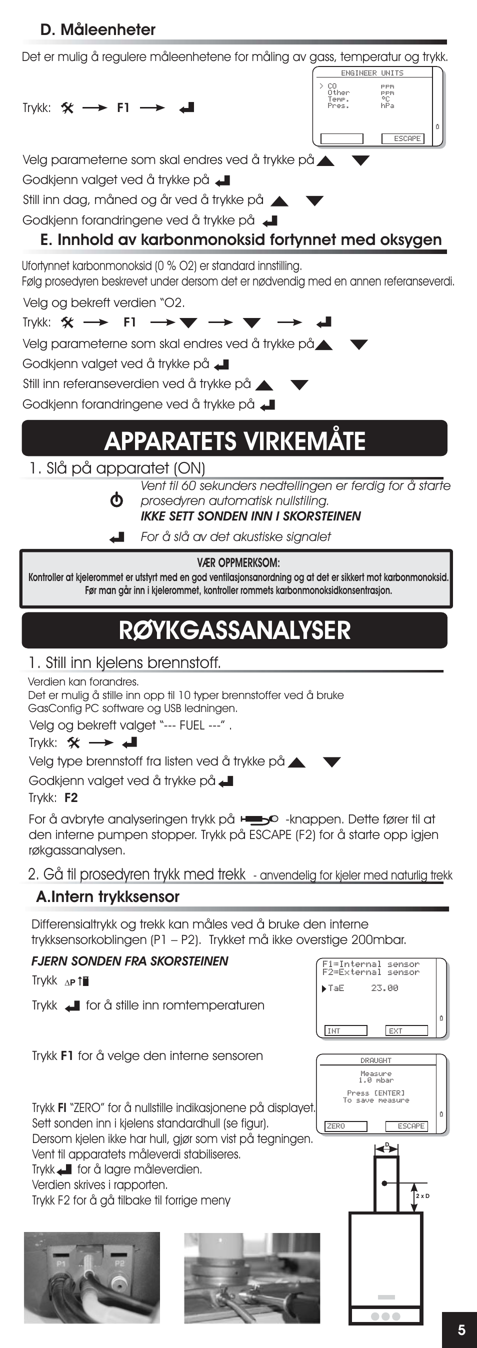 Apparatets virkemåte, Røykgassanalyser, E. innhold av karbonmonoksid fortynnet med oksygen | Slå på apparatet (on), D. måleenheter, A.intern trykksensor | RIDGID FG-100 User Manual | Page 80 / 95