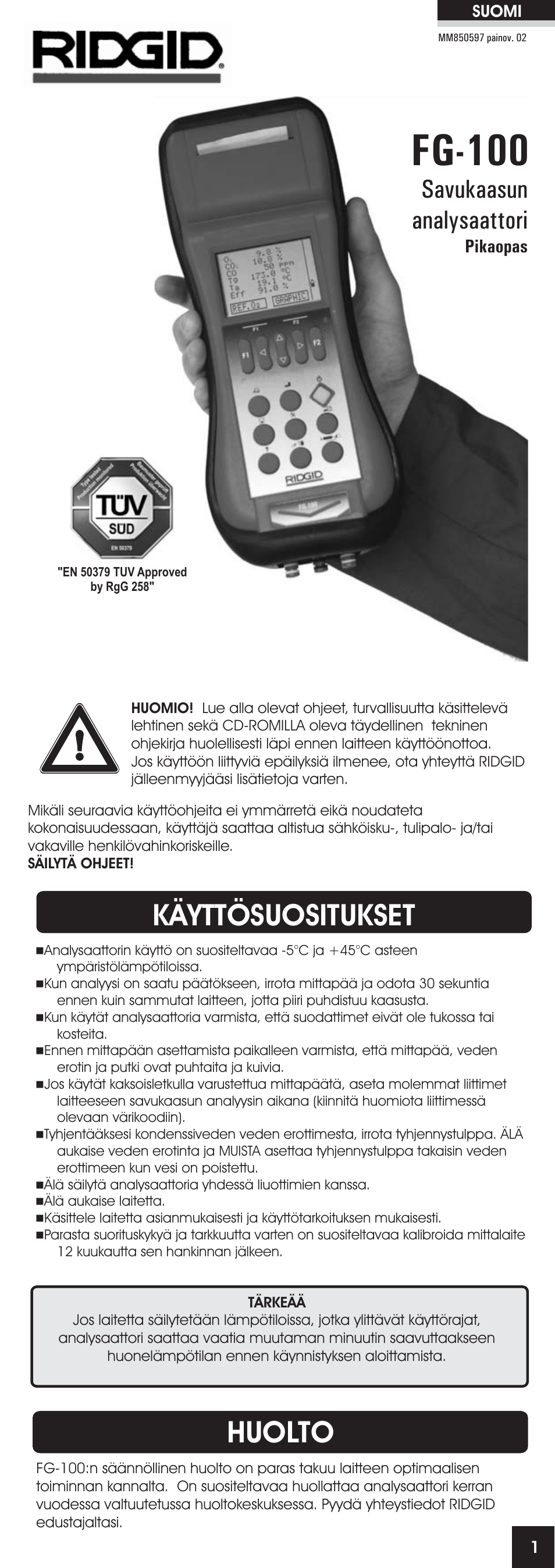 Fg-100, Käyttösuositukset, Huolto | Savukaasun analysaattori, Pikaopas | RIDGID FG-100 User Manual | Page 85 / 95