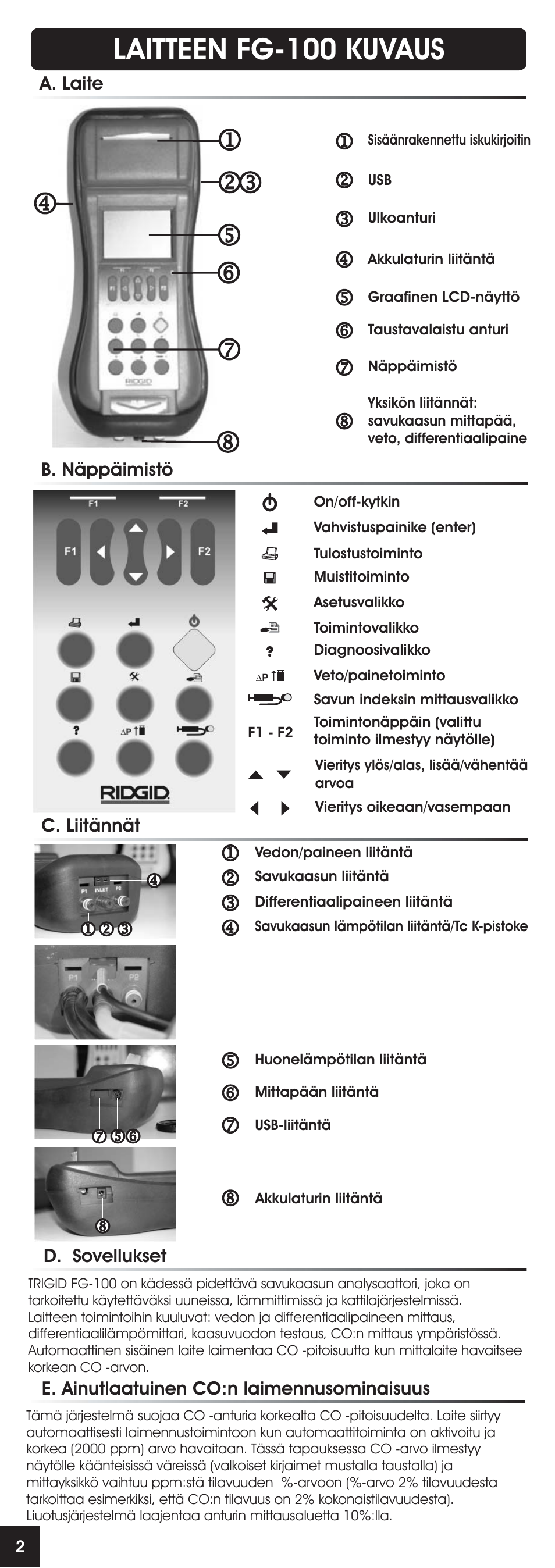 Laitteen fg-100 kuvaus, A. laite b. näppäimistö c. liitännät, D. sovellukset | E. ainutlaatuinen co:n laimennusominaisuus | RIDGID FG-100 User Manual | Page 86 / 95