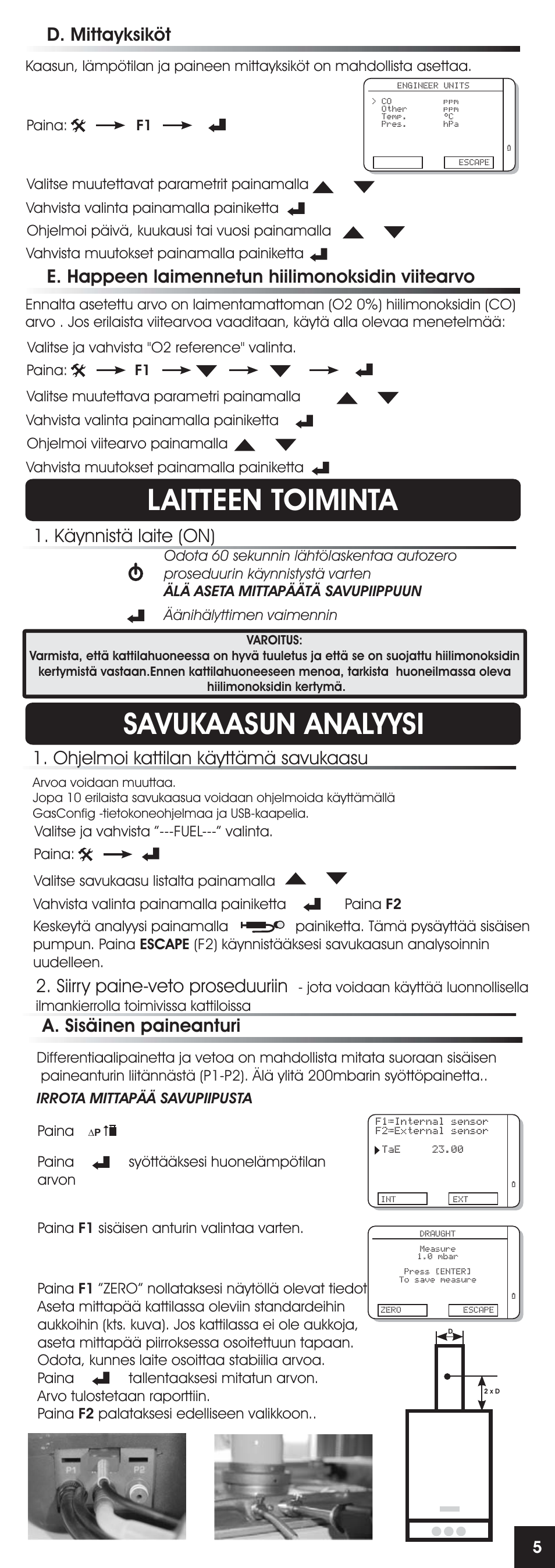 Laitteen toiminta, Savukaasun analyysi, E. happeen laimennetun hiilimonoksidin viitearvo | Käynnistä laite (on), D. mittayksiköt, A. sisäinen paineanturi | RIDGID FG-100 User Manual | Page 89 / 95