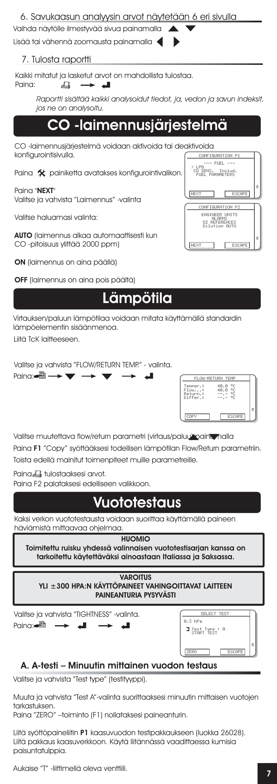 Co -laimennusjärjestelmä, Vuototestaus lämpötila, Tulosta raportti | Savukaasun analyysin arvot näytetään 6 eri sivulla, A. a-testi – minuutin mittainen vuodon testaus | RIDGID FG-100 User Manual | Page 91 / 95