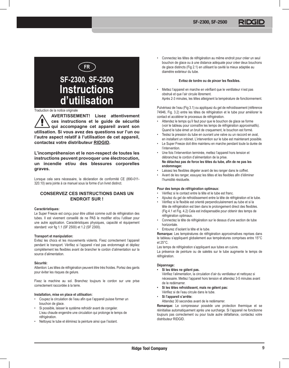 Instructions d’utilisation | RIDGID SF-2500 User Manual | Page 10 / 90