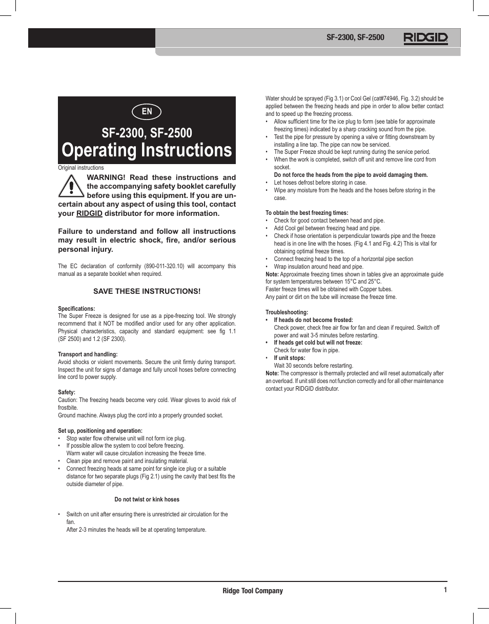 09159 sf2300_sf2500_multil_letter 3mmbd print, Operating instructions | RIDGID SF-2500 User Manual | Page 2 / 90