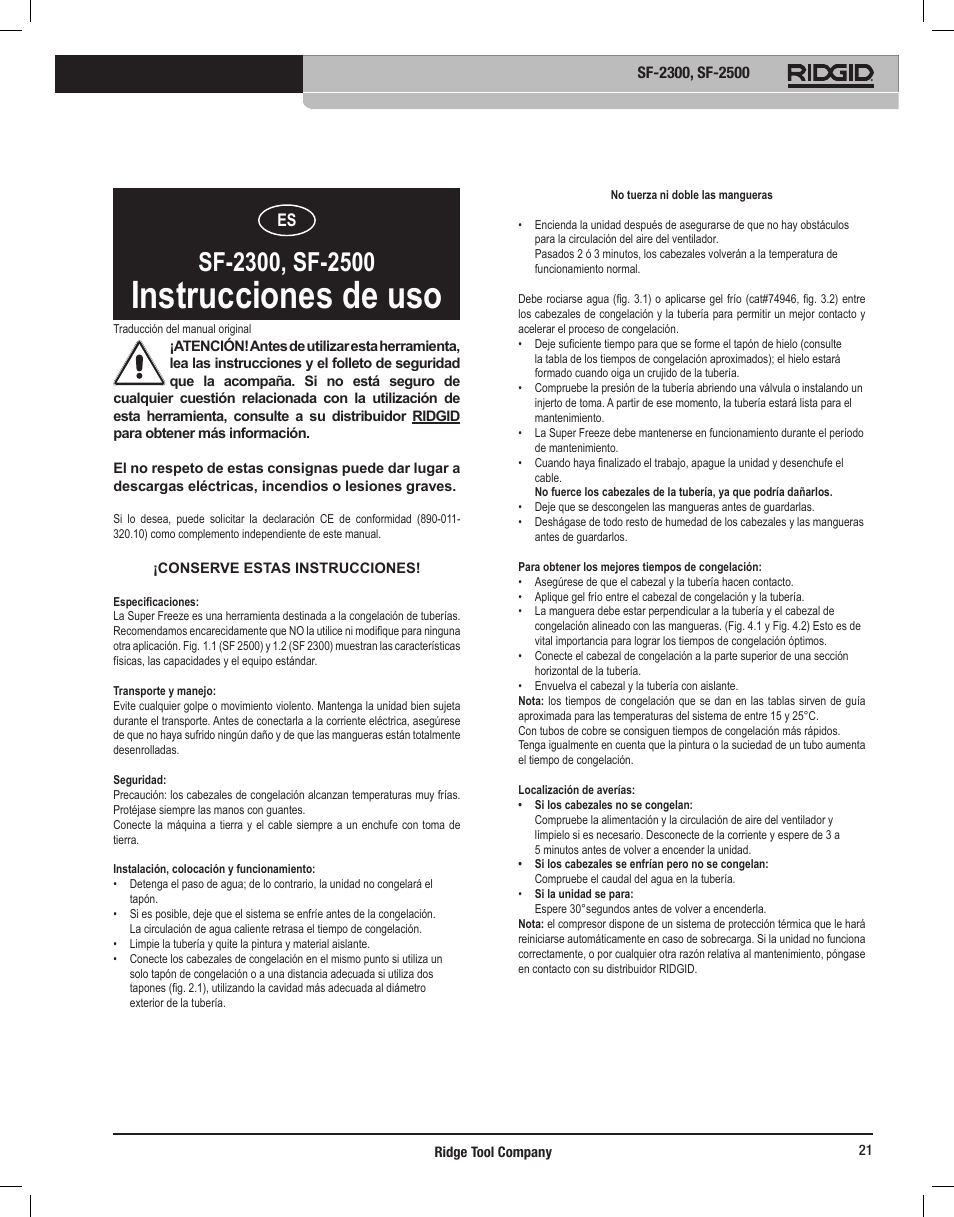 Instrucciones de uso | RIDGID SF-2500 User Manual | Page 22 / 90