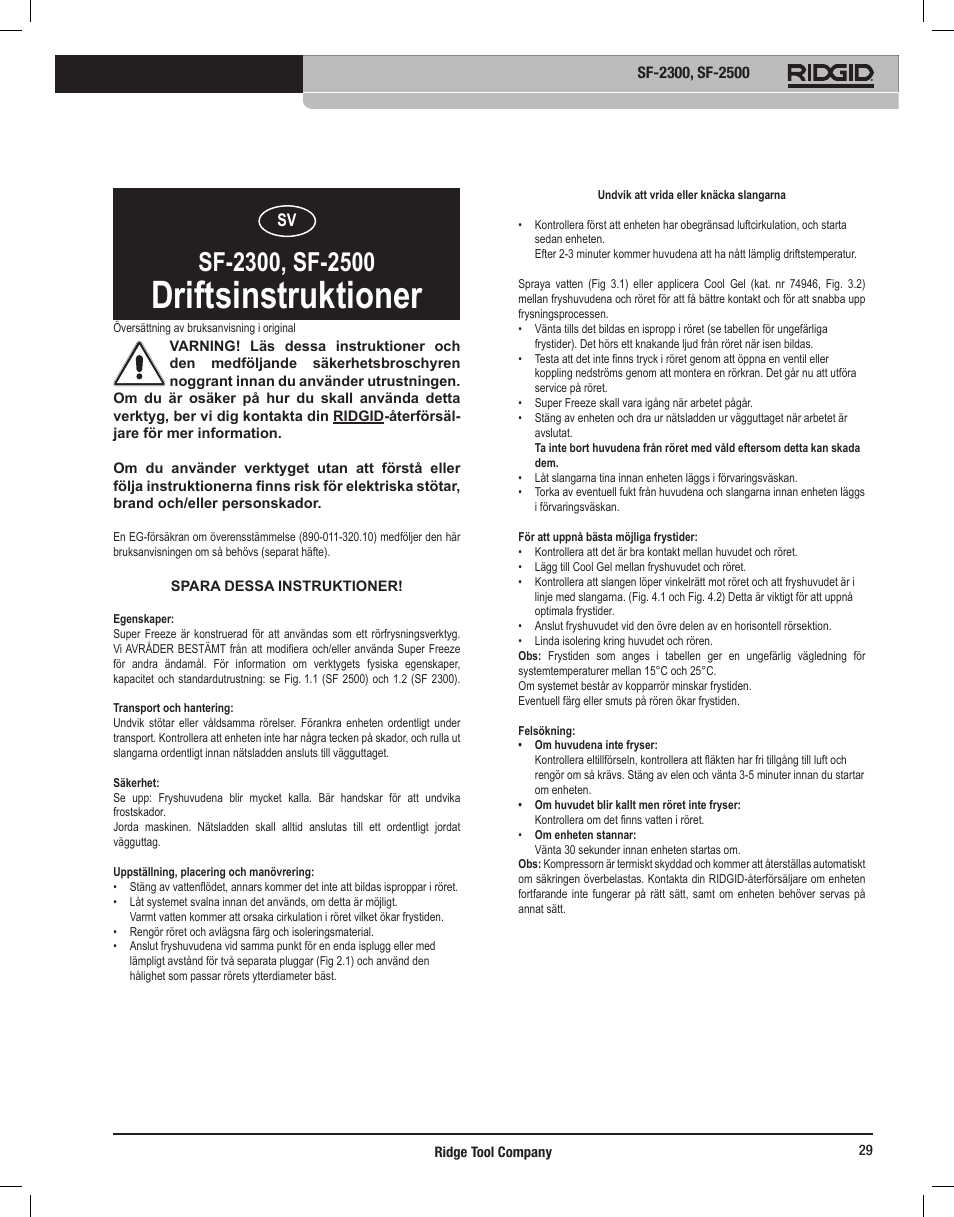 Driftsinstruktioner | RIDGID SF-2500 User Manual | Page 30 / 90