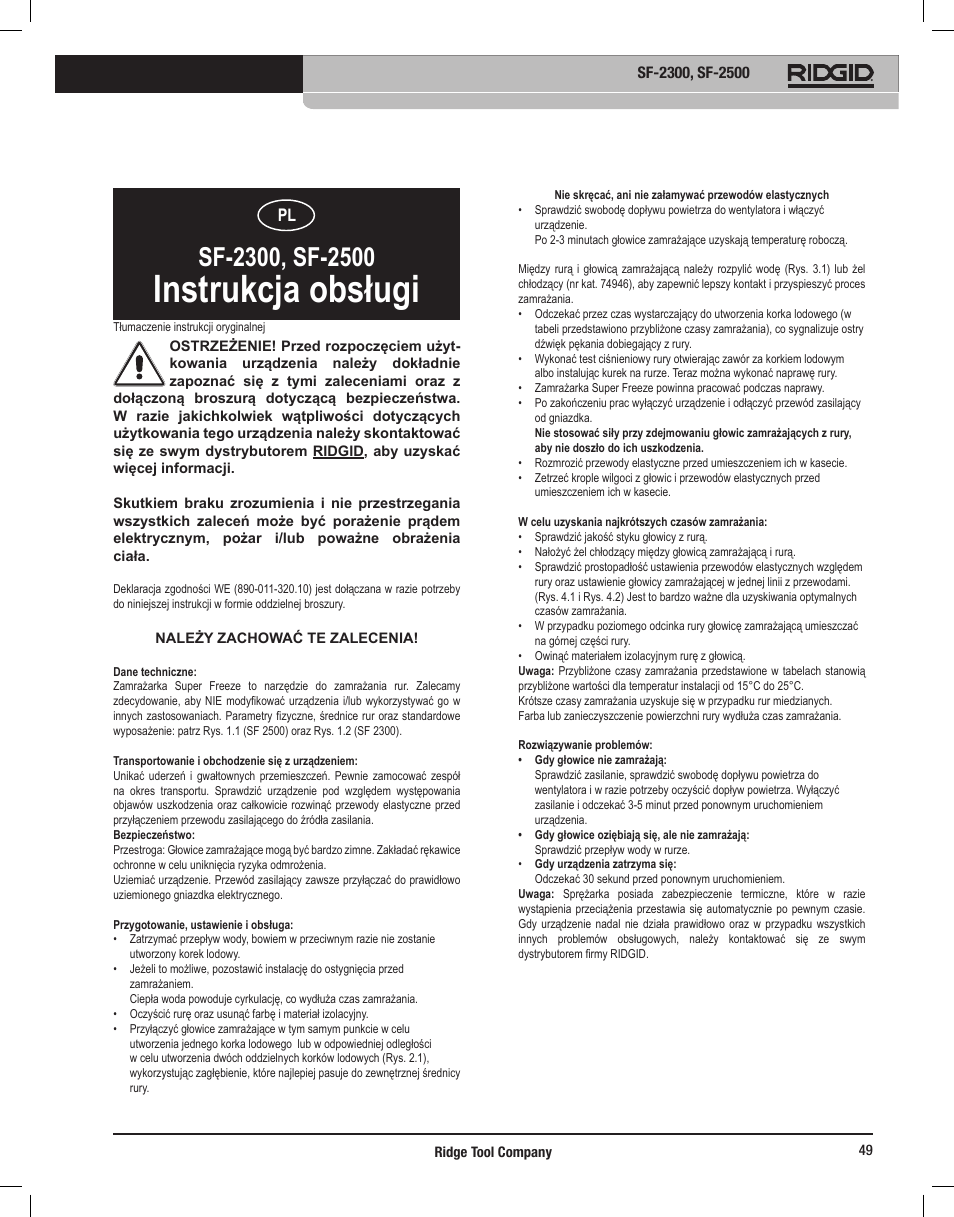 Instrukcja obsługi | RIDGID SF-2500 User Manual | Page 50 / 90