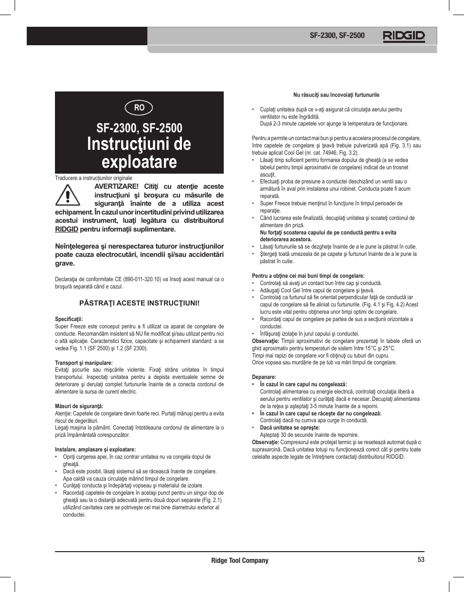 Instrucţiuni de exploatare | RIDGID SF-2500 User Manual | Page 54 / 90
