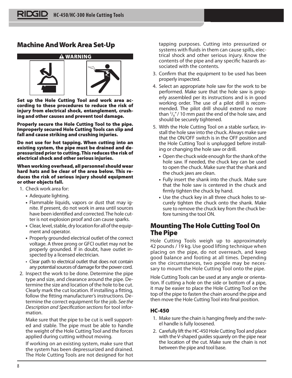 Machine and work area set-up, Mounting the hole cutting tool on the pipe | RIDGID HC-300 User Manual | Page 10 / 320