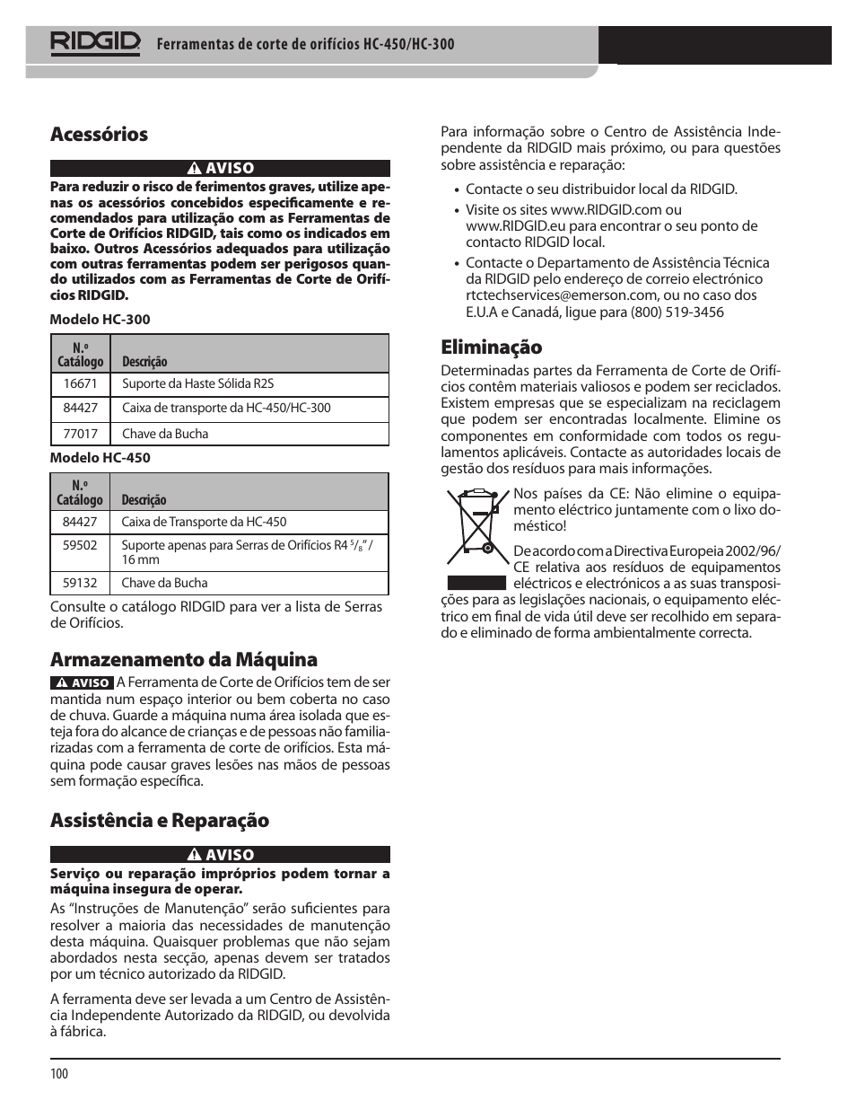 Acessórios, Armazenamento da máquina, Assistência e reparação | Eliminação | RIDGID HC-300 User Manual | Page 102 / 320