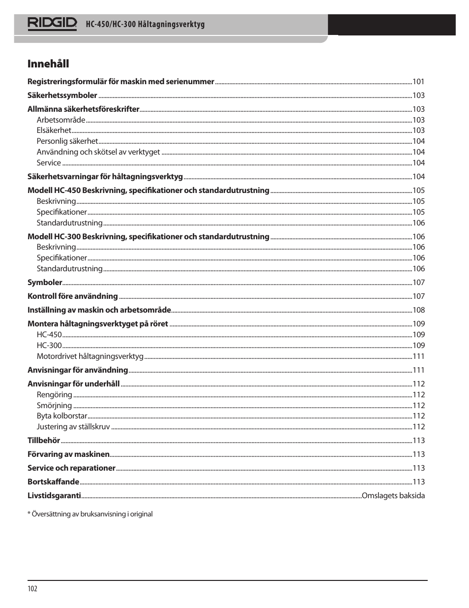 Innehåll | RIDGID HC-300 User Manual | Page 104 / 320