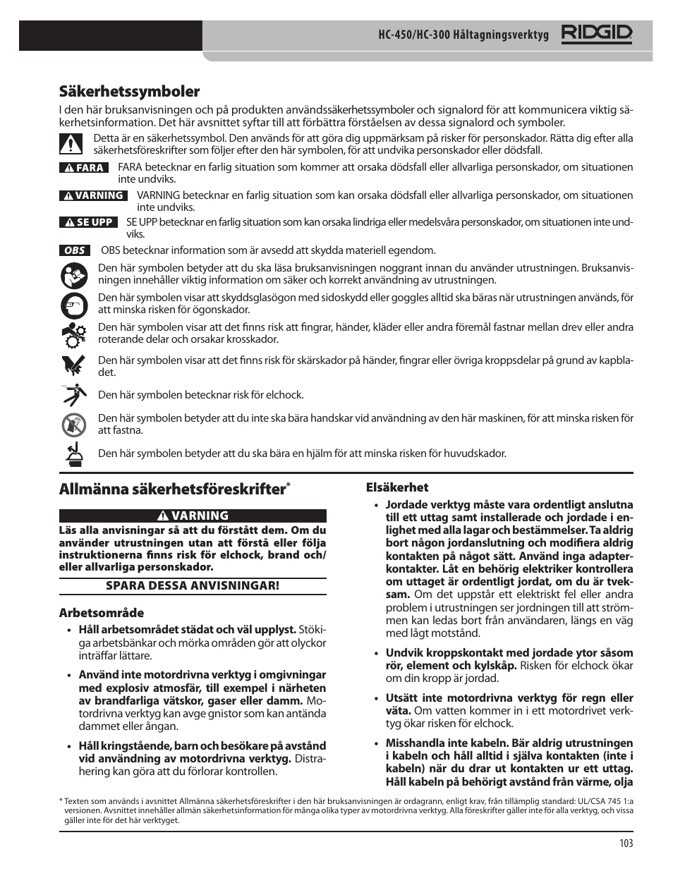 Säkerhetssymboler, Allmänna säkerhetsföreskrifter | RIDGID HC-300 User Manual | Page 105 / 320