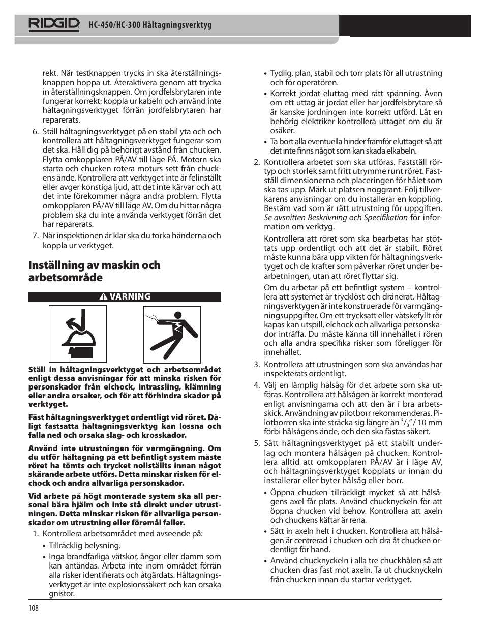 Inställning av maskin och arbetsområde | RIDGID HC-300 User Manual | Page 110 / 320