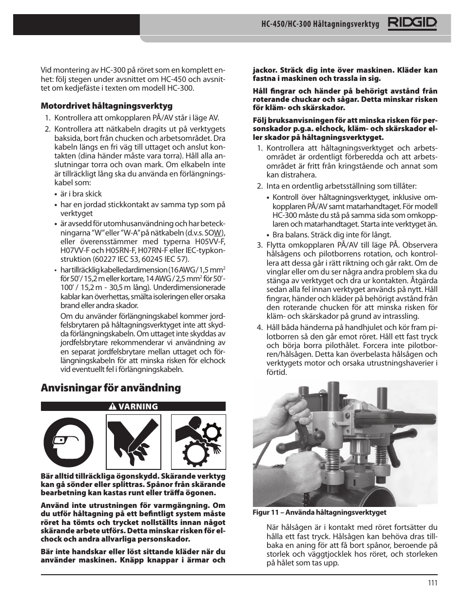 Anvisningar för användning | RIDGID HC-300 User Manual | Page 113 / 320
