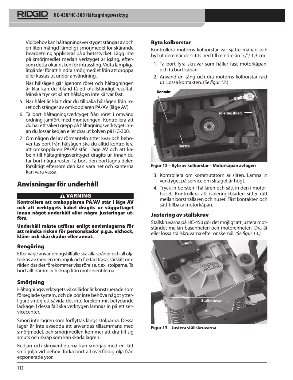 Anvisningar för underhåll | RIDGID HC-300 User Manual | Page 114 / 320
