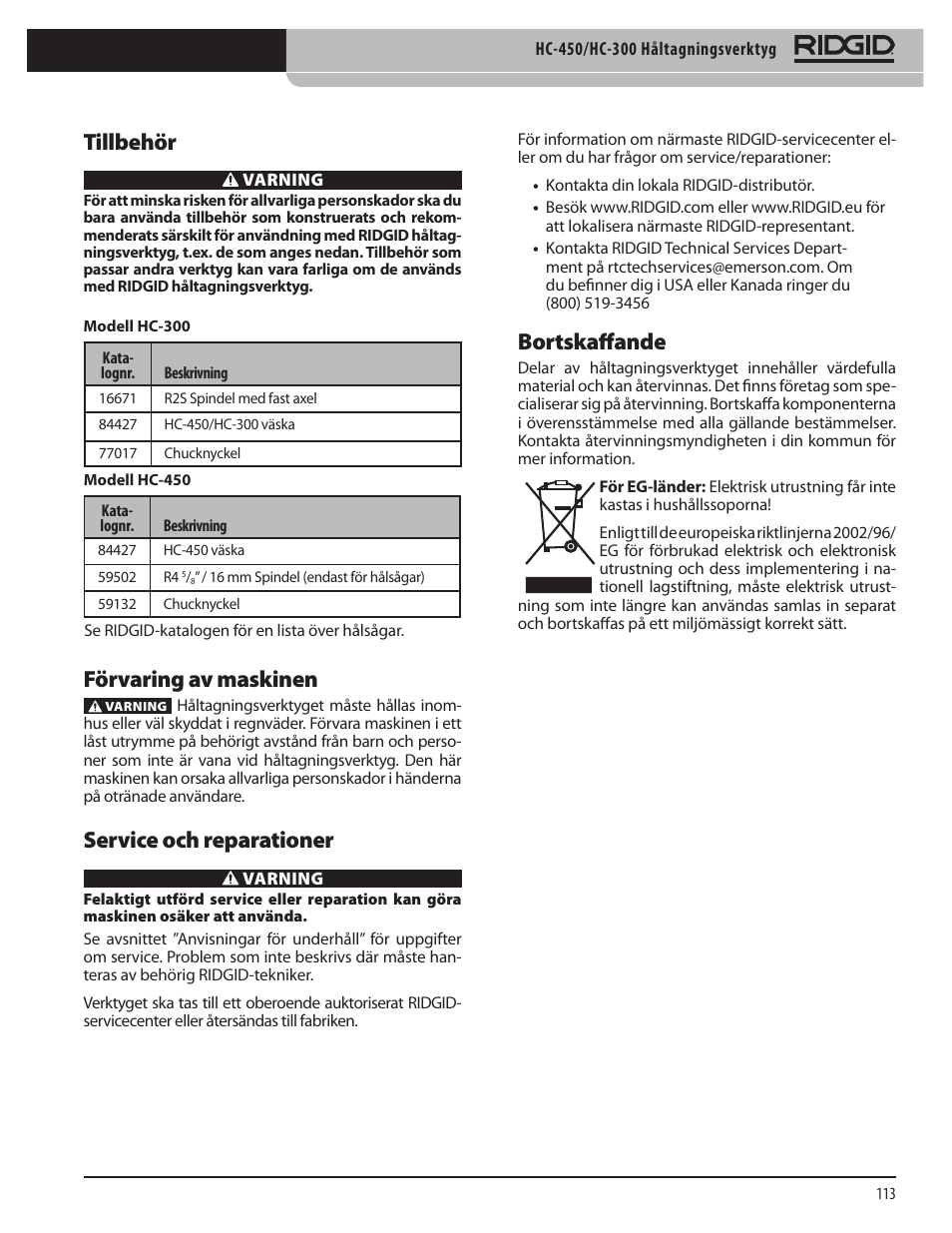 Tillbehör, Förvaring av maskinen, Service och reparationer | Bortskaffande | RIDGID HC-300 User Manual | Page 115 / 320