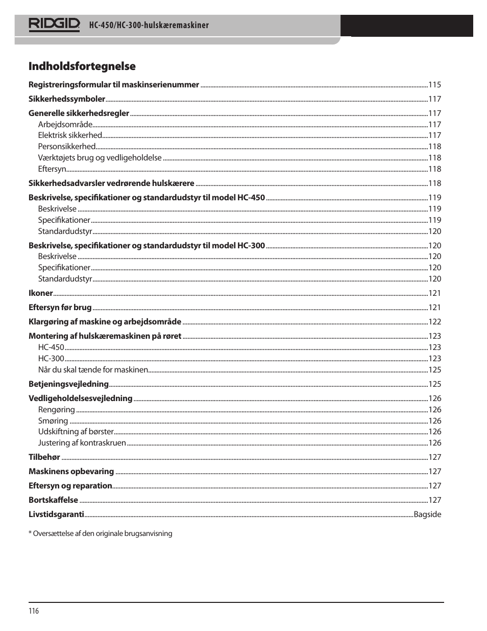 Indholdsfortegnelse | RIDGID HC-300 User Manual | Page 118 / 320