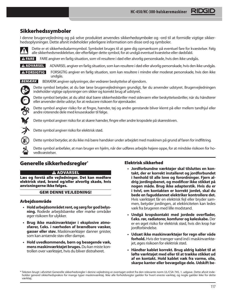 Sikkerhedssymboler, Generelle sikkerhedsregler | RIDGID HC-300 User Manual | Page 119 / 320