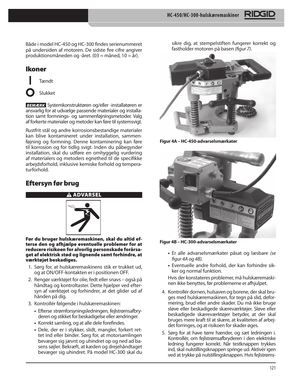 Ikoner, Eftersyn før brug | RIDGID HC-300 User Manual | Page 123 / 320