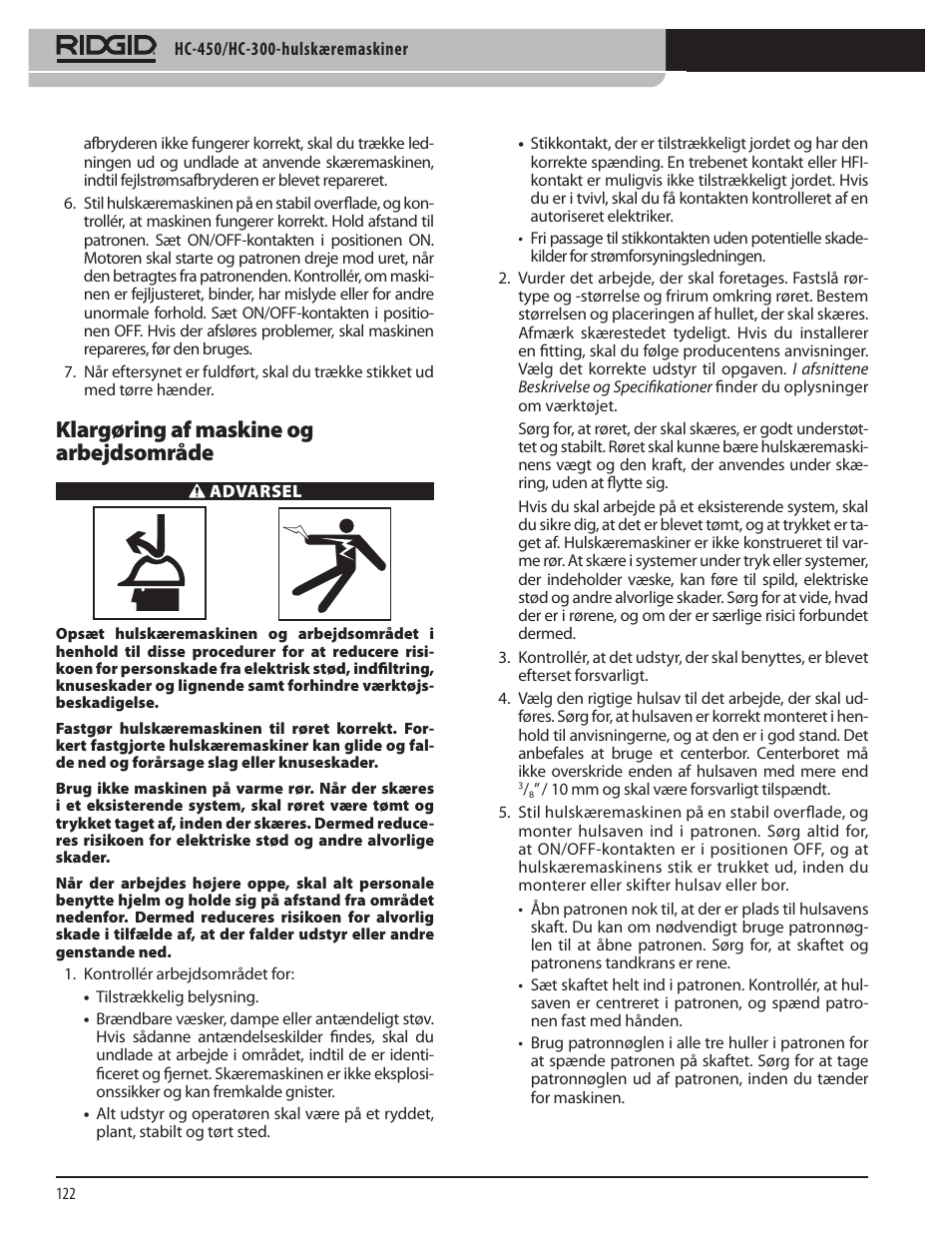 Klargøring af maskine og arbejdsområde | RIDGID HC-300 User Manual | Page 124 / 320