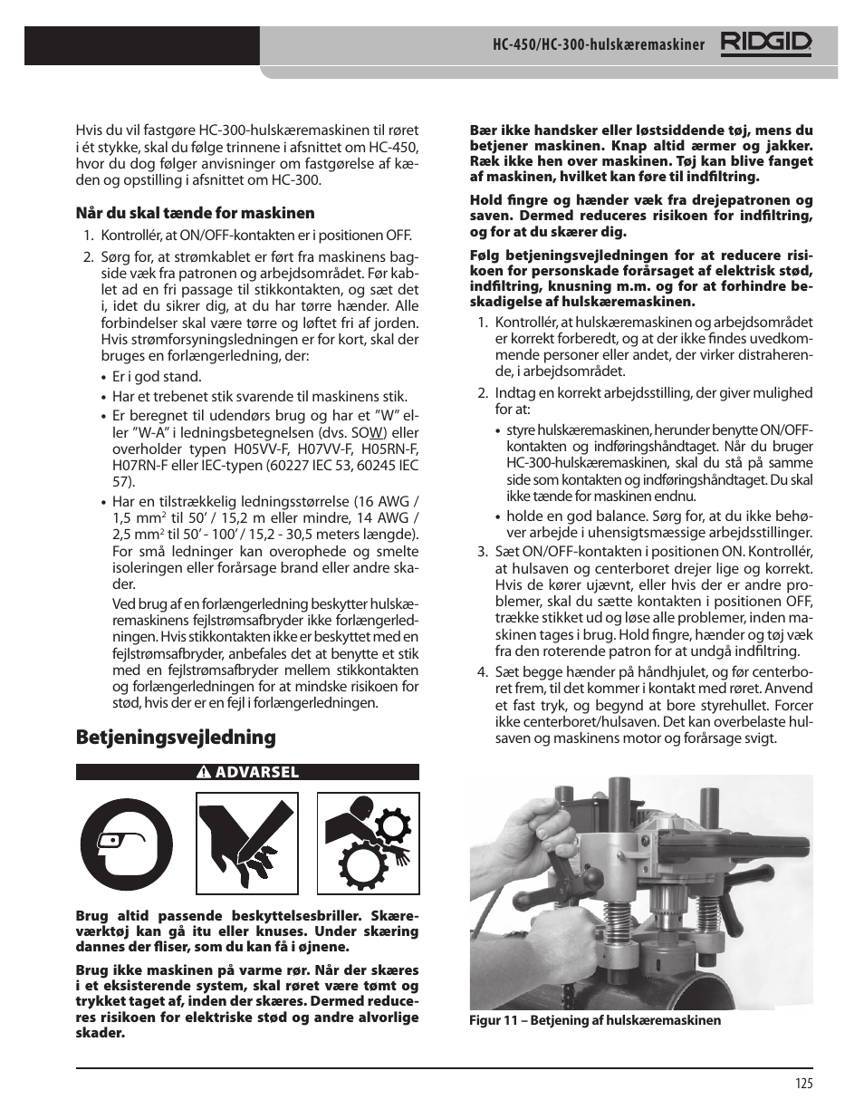 Betjeningsvejledning | RIDGID HC-300 User Manual | Page 127 / 320