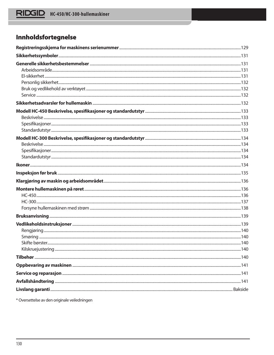 Innholdsfortegnelse | RIDGID HC-300 User Manual | Page 132 / 320