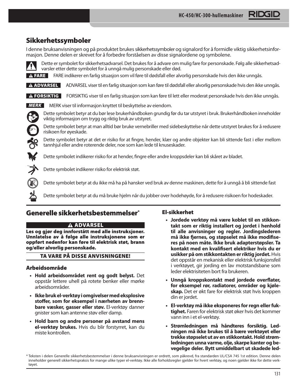 Sikkerhetssymboler, Generelle sikkerhetsbestemmelser | RIDGID HC-300 User Manual | Page 133 / 320