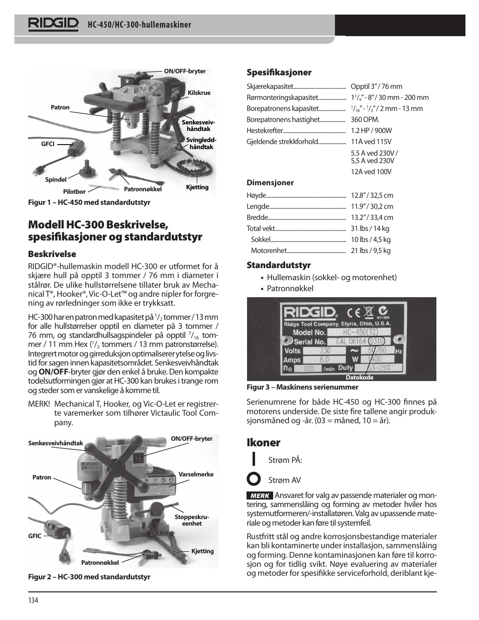Ikoner | RIDGID HC-300 User Manual | Page 136 / 320