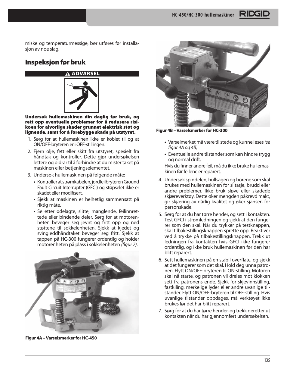 Inspeksjon før bruk | RIDGID HC-300 User Manual | Page 137 / 320