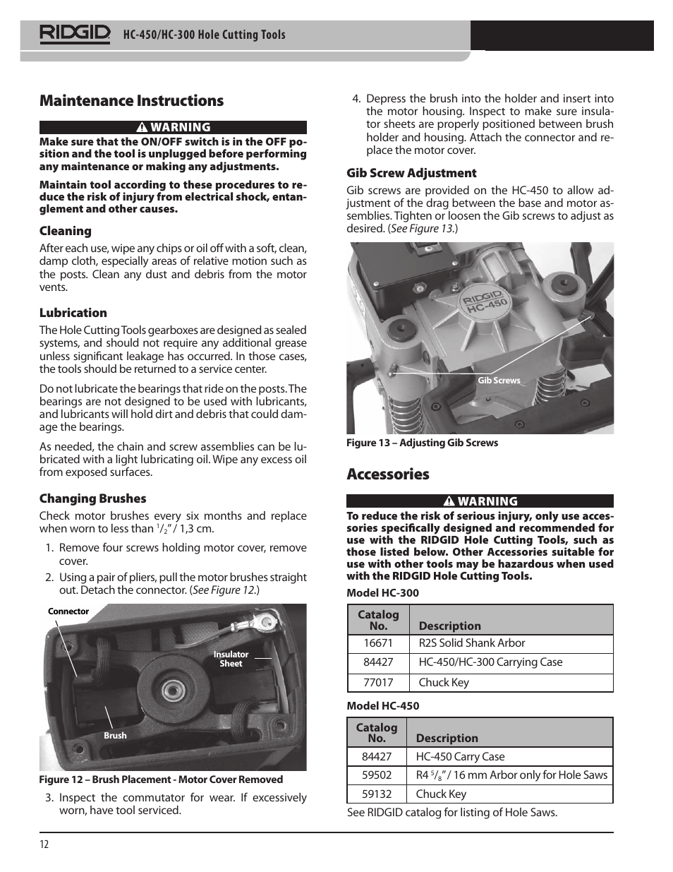 Maintenance instructions, Accessories | RIDGID HC-300 User Manual | Page 14 / 320