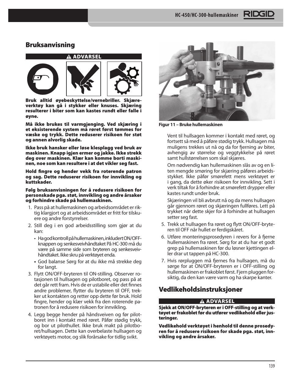 Bruksanvisning, Vedlikeholdsinstruksjoner | RIDGID HC-300 User Manual | Page 141 / 320