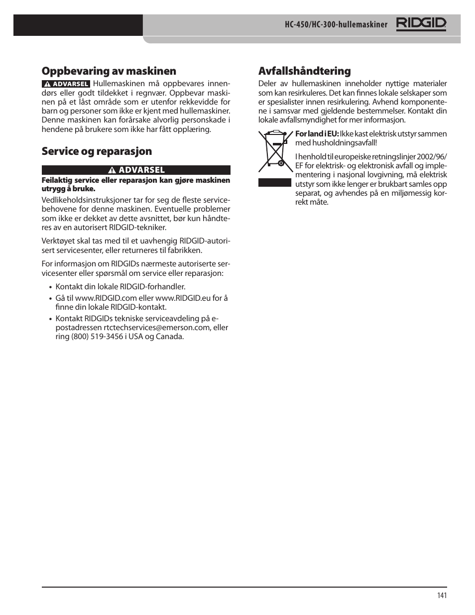 Oppbevaring av maskinen, Service og reparasjon, Avfallshåndtering | RIDGID HC-300 User Manual | Page 143 / 320