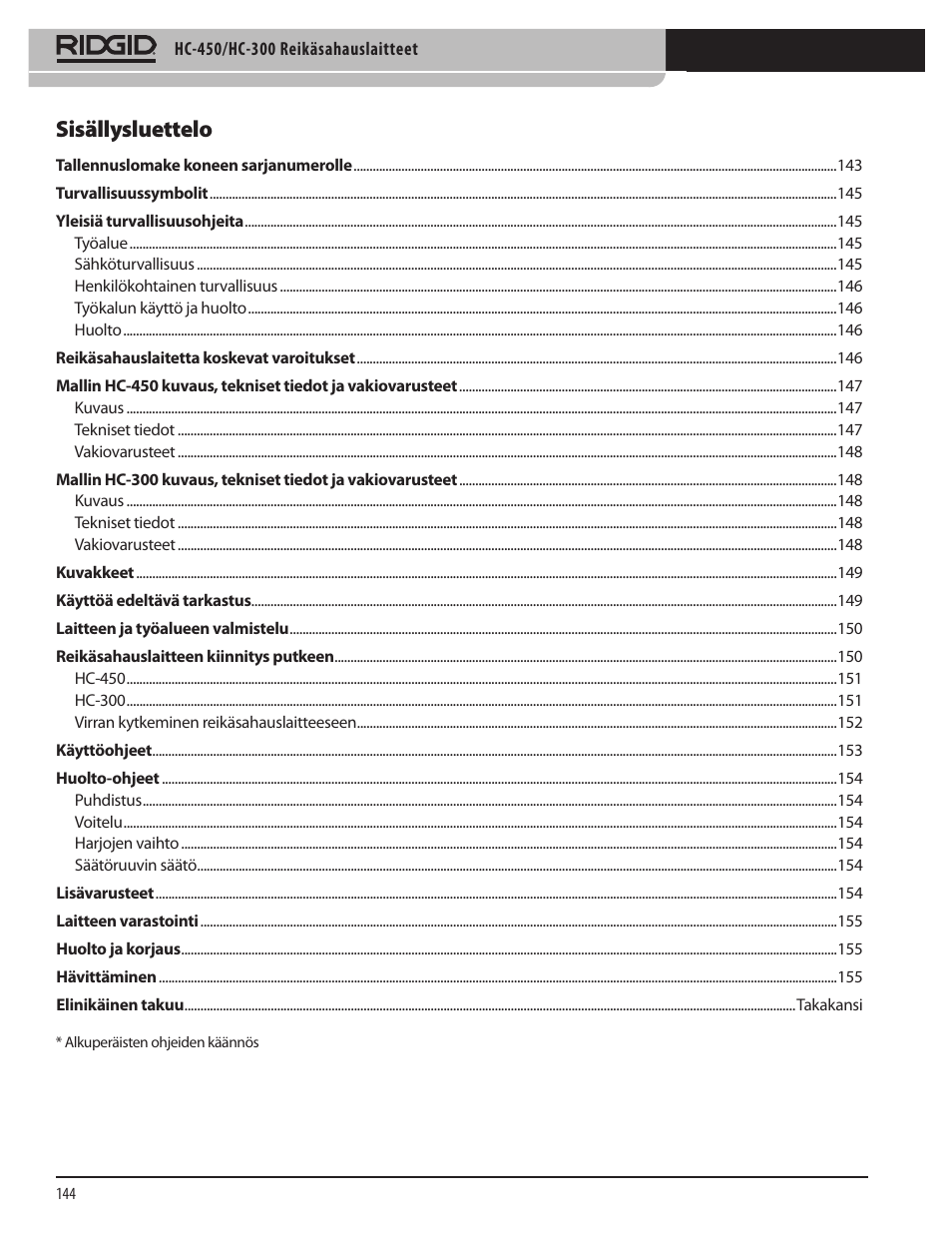 Sisällysluettelo | RIDGID HC-300 User Manual | Page 146 / 320